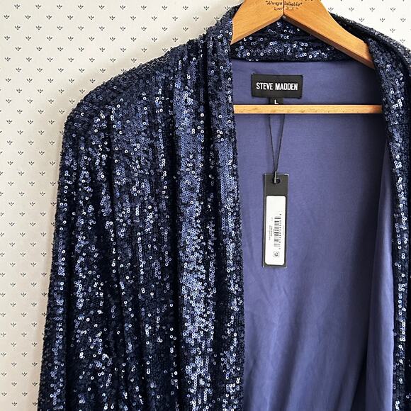 Steve Madden Showstopper Sequin Duster Jacket L NWT Blue Jacket Coat Glam Long - Picture 8 of 8